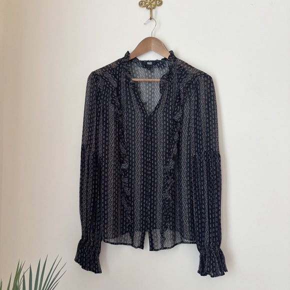 PAIGE Tops - PAIGE Haiku Black Floral Silk Ruffle Button Front Blouse Small Quiet Luxe